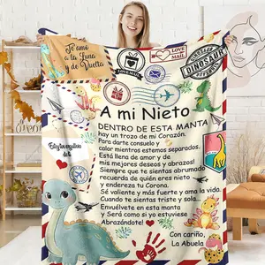  A Mi Nieto Spanish Flannel Throw Blanket, Dinosaur Air Mail Postage Stamp Dentro De Esta Manta Hay Un Trozo De Mi Corazon Soft Cozy Warm Cover, Abuela Love Letter Design, Gift for Grandson from Grandma, Kids Room Birthday Couch Decor holiday