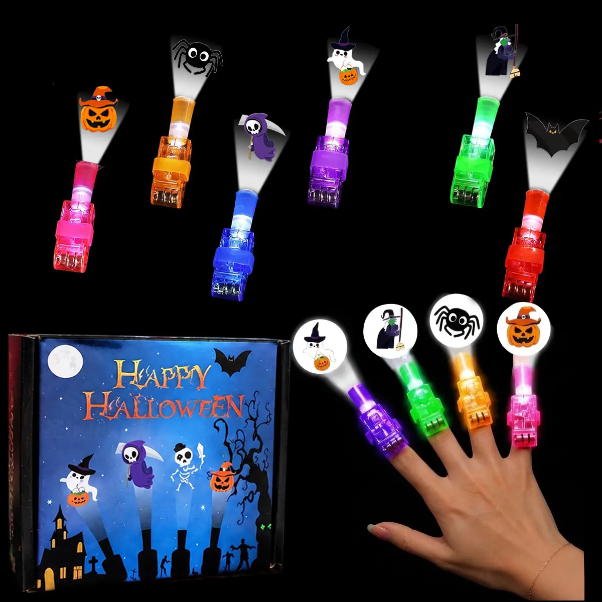 36pcs Halloween LED Finger Light Projection Rings, Unisex Bulk Novelty Toys with Batteries, Trick or Treat Bag Stuffers, Party Favors, Kids’ Spooky Witch Ghost Pumpkin Gifts