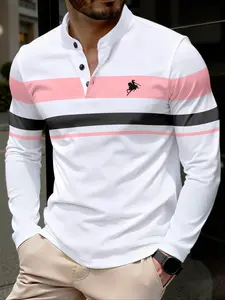 Men's Long Sleeve Embroidered Polo Shirt, Knight Embroidery Colorblock Casual Regular Fit Stand Collar, Fall & Winter Warm Daily Wear