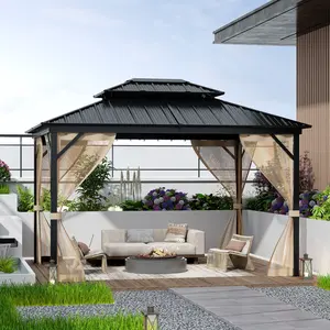 10x14FT Weatherproof Hardtop Gazebo, Metal Roof Aluminum Frame Outdoor Pavilion,  with privacy Curtains and Mosquito Nets, Outdoor Shade Shelter for Patio Deck Yard Lawn Garden summergarden