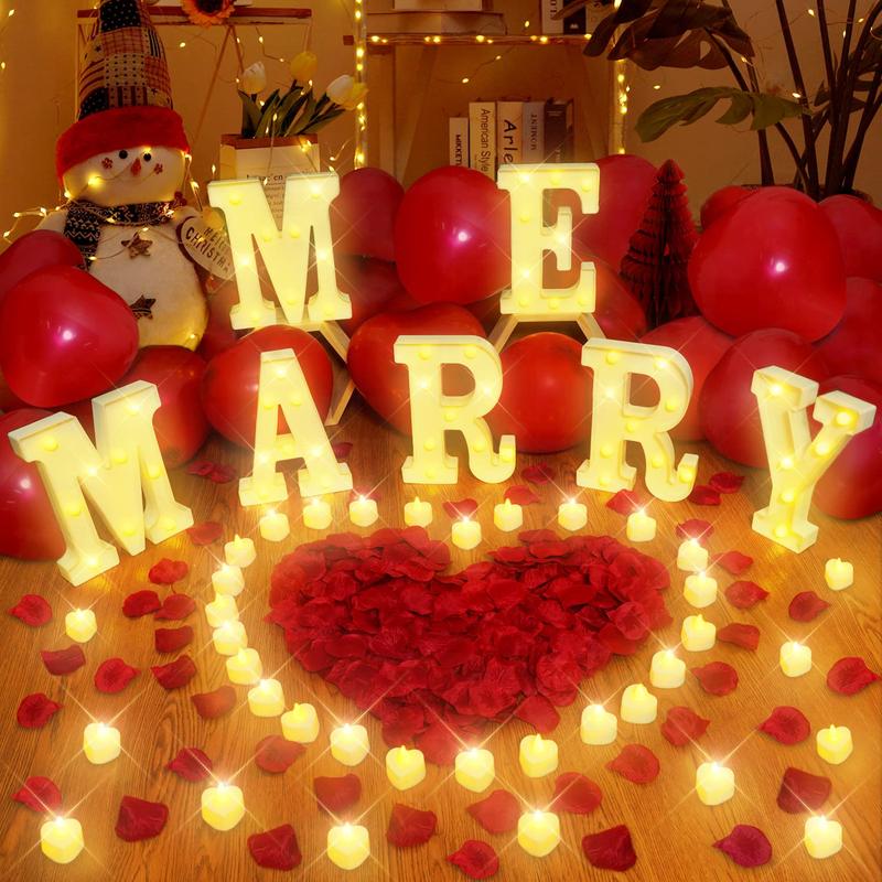 Marry Me Light Up Letters Proposal Decorations, Marry Me Sign with 24Pcs Flameless Candles 2000Pcs Red Fake Rose Petals 30Pcs Red Balloons for Valentine's Day Wedding Proposal Romantic Night Led Lighted Smooth Wall Ornaments Standing