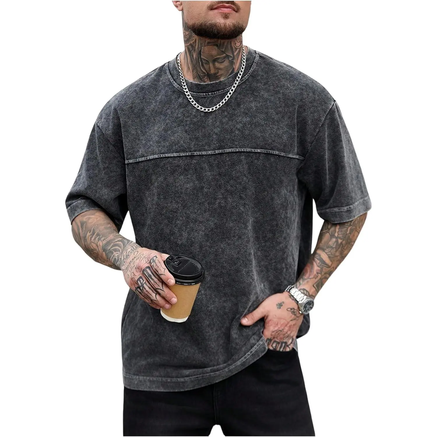 GORGLITTER Men's Oversized Short Sleeve Tee Shirt Y2K Vintage Cool Acid Wash Drippy Streetwear T-Shirts