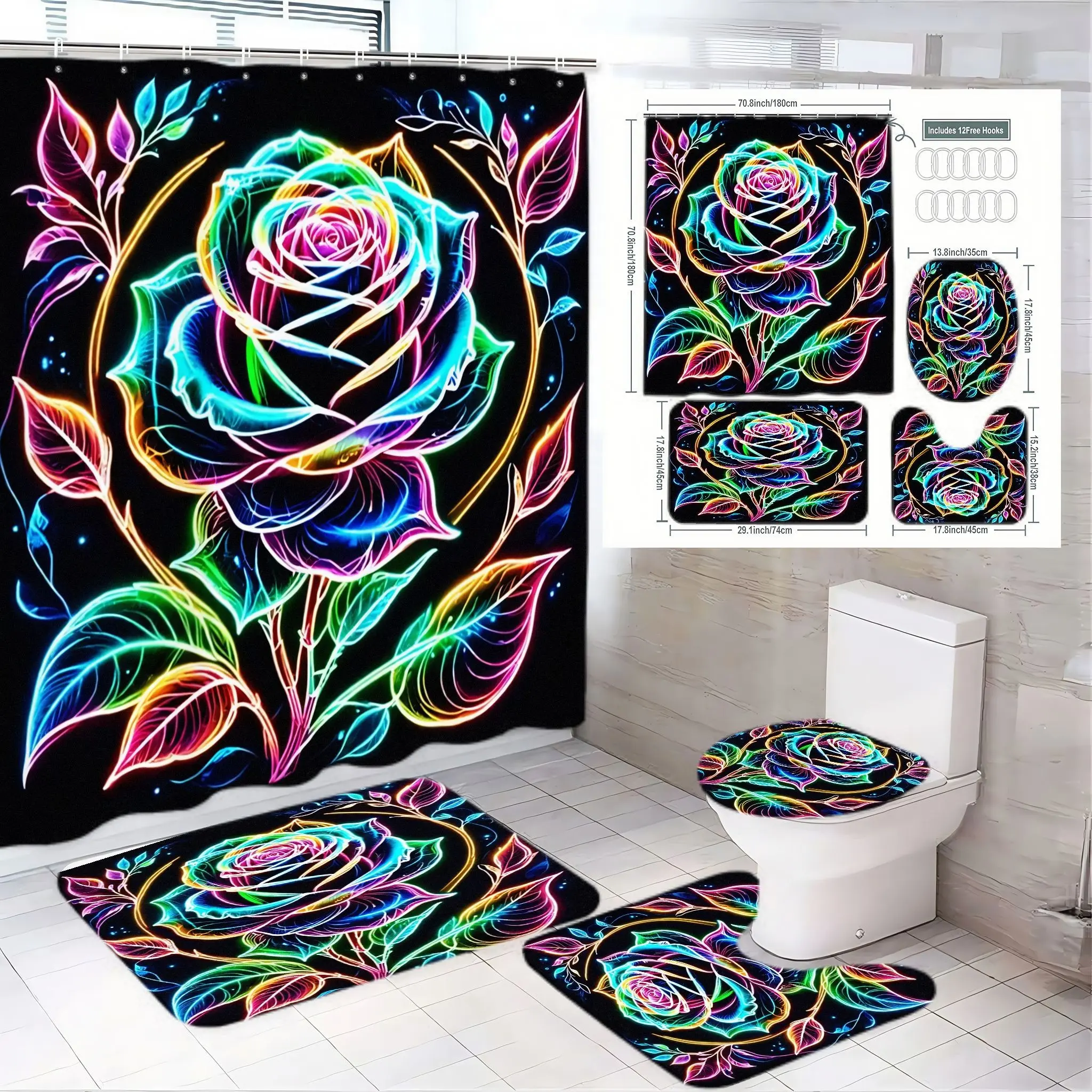 4pcs Vibrant Neon Rose Shower Curtain Set, Colorful Floral Bathroom Decor, Matching Rugs & Toilet Seat Cover,  The floor mat fabric is thicker and softer! Modern Spring Refresh