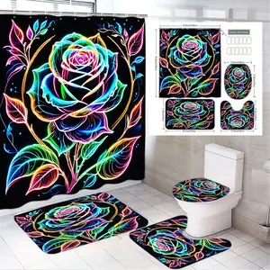 4pcs Vibrant Neon Rose Shower Curtain Set, Colorful Floral Bathroom Decor, Matching Rugs & Toilet Seat Cover,  The floor mat fabric is thicker and softer! Modern Spring Refresh