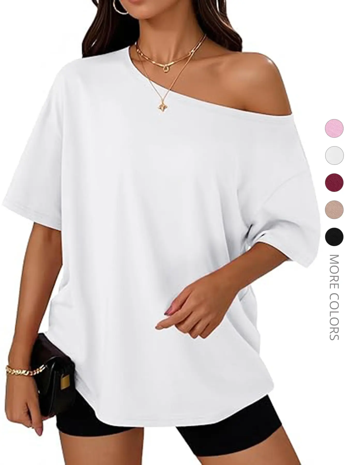 Women's Asymmetrical Neckline Tops, Oversized Baggy T-Shirts, Casual Short Sleeve Tees, Summer 2026 Loungewear
