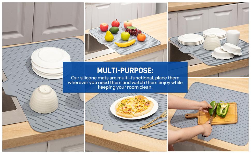 Silicone Drying Mat, 23"X17" With Built-in Drain Lip,Heat-Resistant,Eco-friendly,Hygienic Drying Pad,Leak-Proof and Non-Slip,Silicone Dish Drying Mat for Kitchen Counter or Sink（Gray 23X17）