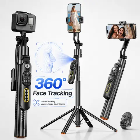 360° Face Tracking Selfie Stick Tripod - Adjustable Portable 72" Extendable Aluminum Stick, Wireless Remote, Gesture Control, Smartphone Mount, Vlogging Gear for Live Streaming, Mobile Phone Accessory