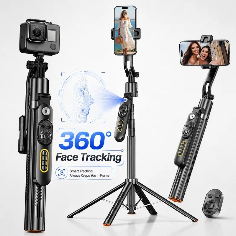 360° Face Tracking Selfie Stick Tripod - Adjustable Portable 72" Extendable Aluminum Stick, Wireless Remote, Gesture Control, Smartphone Mount, Vlogging Gear for Live Streaming, Mobile Phone Accessory