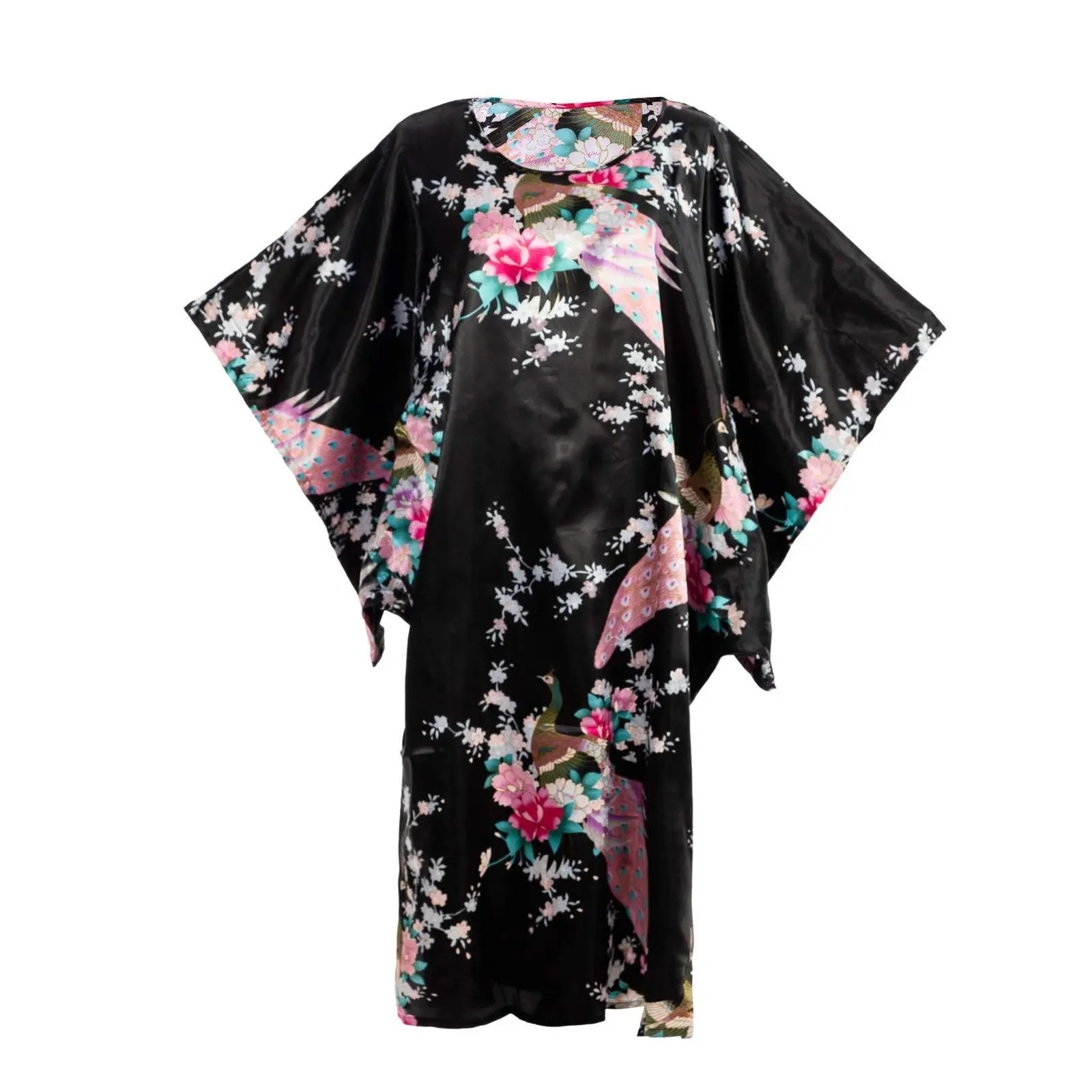 Women's Satin Kimono Robe in Silky Fabric, Japanese Peacock Floral Print Long Sleeve Gown for Bridal Parties, Lounging & Birthday Gifts, Garment, Gowns, Dress, Piece, Dinner, Maternity Dress, Valentines Day, Resort, Clothes, Beach, Asian, Style