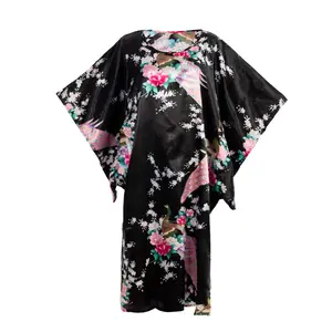 Asian Home Flower Peacock Satin Silk Kimono Dress, Nightgown, Housedress One Size Fits Most Dressing Gown Robe Fabric Floral