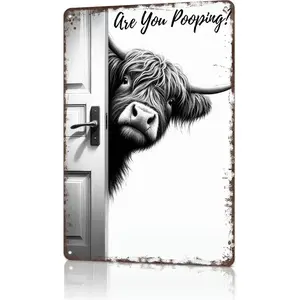 Vintage Highland Cow Aluminum Sign for Bathroom Decor, Funny Are You Pooping Quote, 8 X 12 Inch Wall Plaque for Cow Lovers, Novelty Decor Signage, Bathroom Decorations