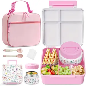 Bento Box for Kids with Thermo Food Container (9oz), 4-Compartment Box, Divider, Leakproof Bento Box, Includes Utensils & Carry Bag for School, Office(White-Horse)