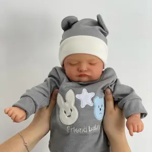 Lifelike Reborn Baby Doll 18Inch Full Vinyl Body Hand-Painted Hair Closed Eyes Wearing Gray Outfit with Hat Complete Feeding Set Gift Box for Kids