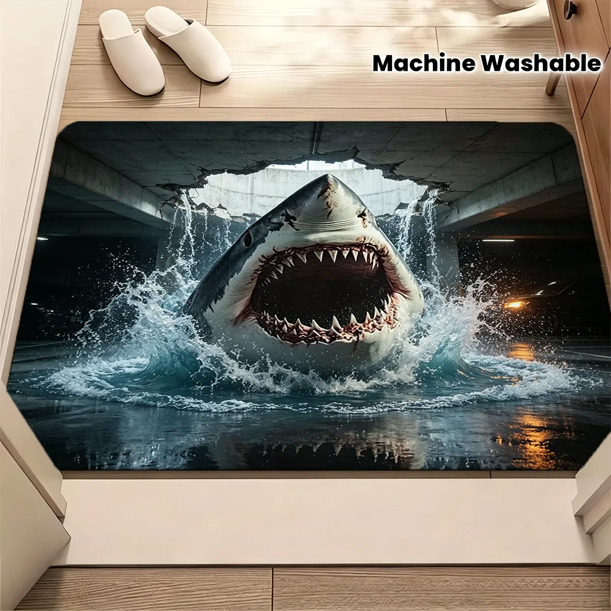 3D Optical Illusion Broken Parking Garage Ceiling Great White Shark Flannel Doormat, Realistic Scary Shark Burst Through Floor Visual Trick Entry Rug, Funny Prank Marine Animal Front Door Floor Mat, Non Slip Machine Washable Indoor Entrance Carpet