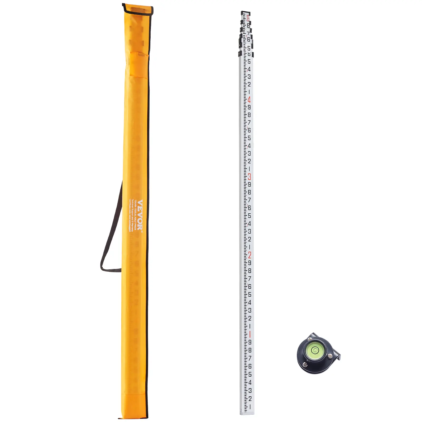 VEVOR Aluminum Grade Retractable Measuring Tape (Tool Upgrade), 25 ft-10 ths/25-ft/7.62m 6-Section Telescopic Rod for Adults, Dual Feet Inches Scales, Bubble Level, Waterproof, Carrying Bag Included for House Surveying