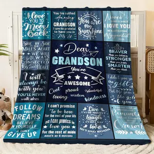 Cozy Flannel Blanket for Grandson - Inspirational Quotes Printed Soft Fleece Throw, Heartwarming Messages Like "Dear Grandson You’re Awesome", "I Love You to the Moon and Back" & More, Perfec