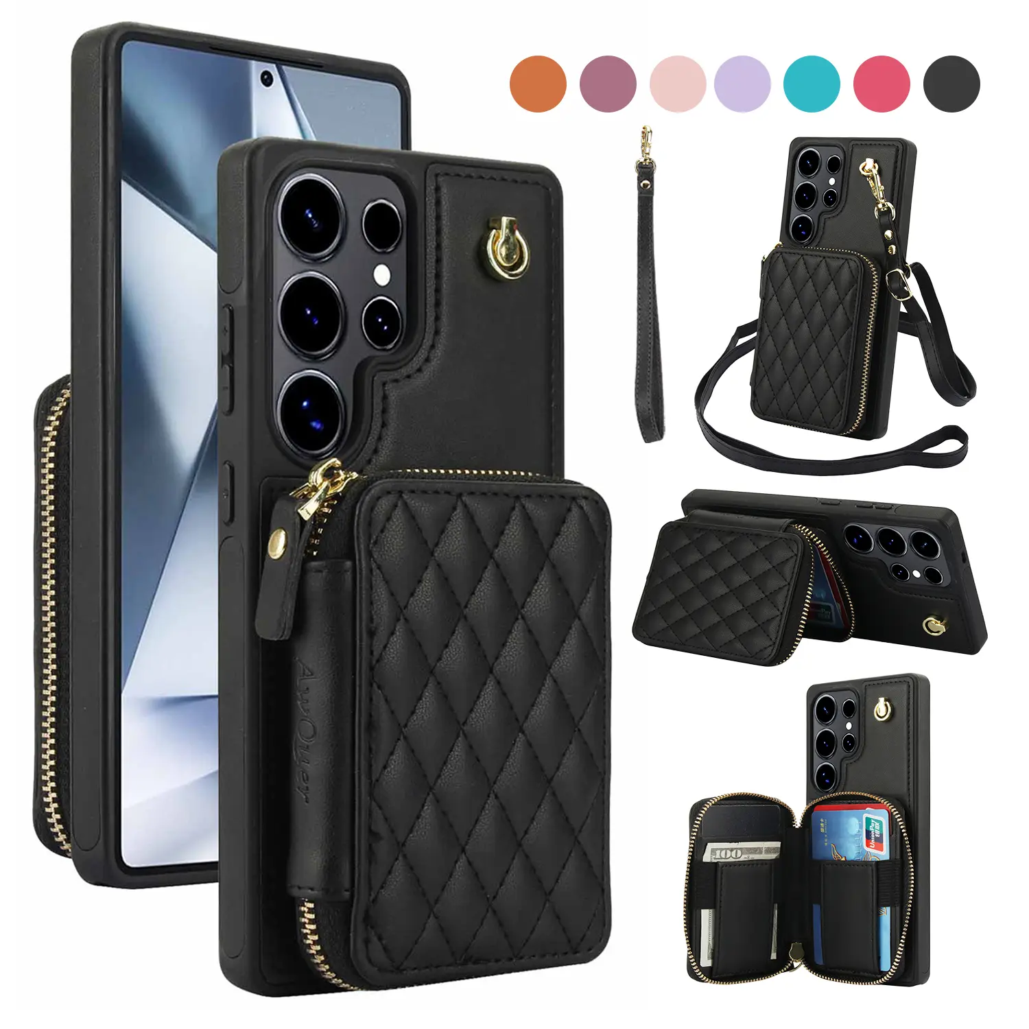 Case for Samsung Galaxy S26 Ultra S25 S24 S23 S22 Wallet Cell Cover with Wrist Crossbody Strap RFID Blocking Credit Card Holder & Kickstand PU Leather Zipper Handbag Purse Flip Cover for Women