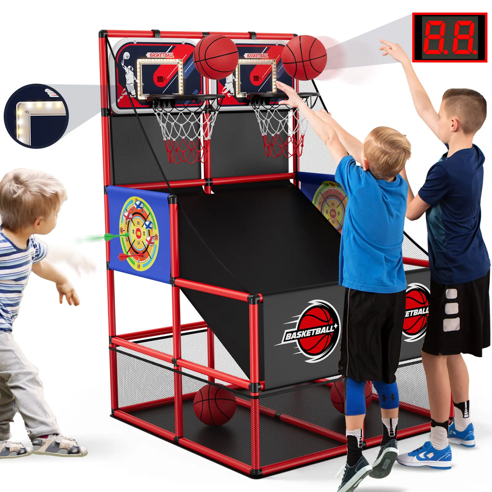 Upgrade 2-in-1 Dual Shot Arcade Game with 2 Dart Boards, Electronic Scoreboard, LED Lights, Basketballs, Hoop for Home Indoor Outdoor, Sport Toy Gift for Kids Christmas, Birthday