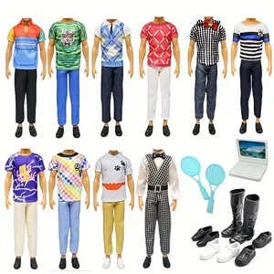 11pcs 12-Inch Boy Doll Clothes and Accessories Set, 5-Pack Fashion Outfits, 4 Pairs of Shoes, 1 Pair Tennis Racket, 1 Laptop Mini Toy, Polyester Fiber, Mixed Color, Ideal Christmas Gift