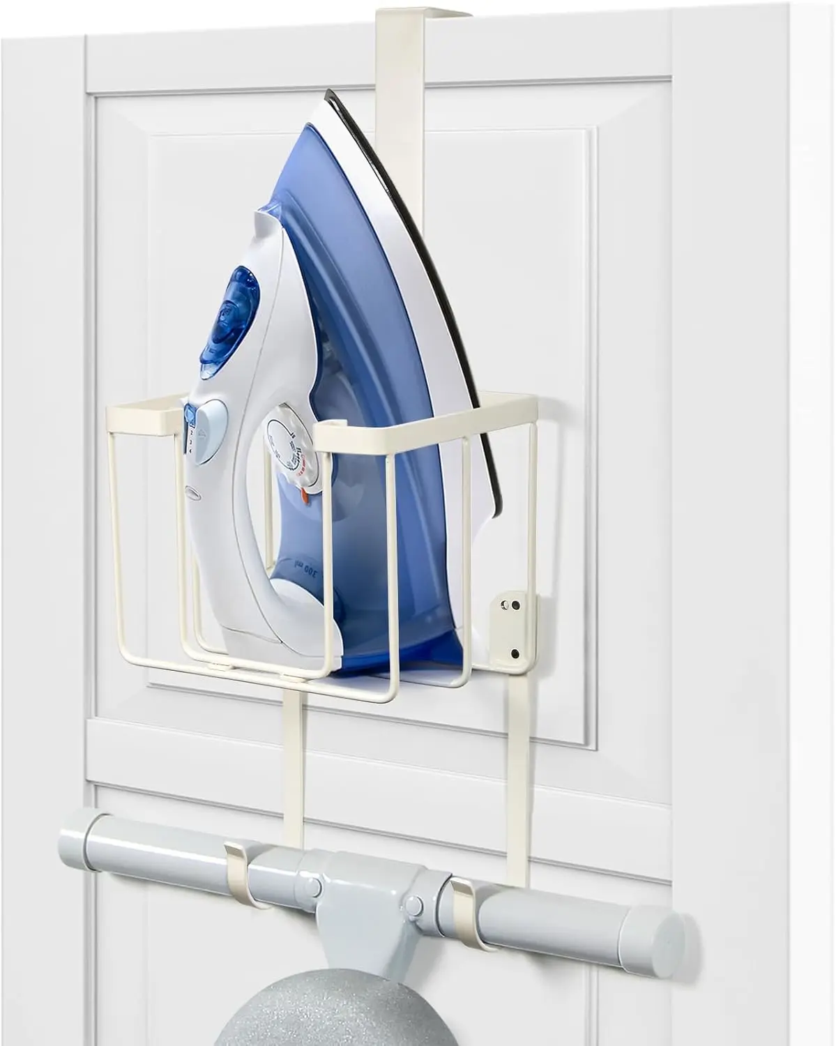 ORLESS over the Door/Wall Mount Ironing Board Hanger, Laundry Room Iron and Ironing Caddy Board Storage Holder White