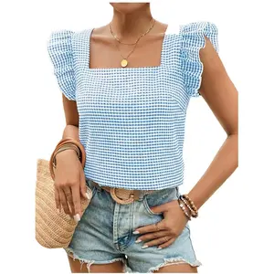 Women's Gingham Print Blouse Top Square Neck Ruffle Short Sleeve Boho Casual Shirts,light blue,Small