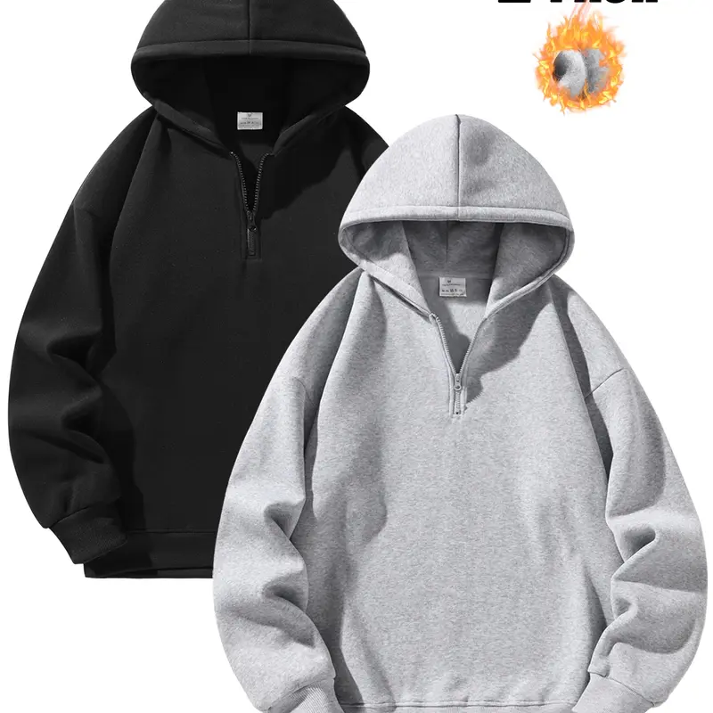 Men's Fleece-Lined Athletic Half-Zip Hoodie - Solid Color, Basic Style, Warm & Comfortable for Daily Wear, Street Casual & Outdoor Activities, Unisex Fleece Casual Sweatshirt ,Men's Upper Body Sweater, Minimalist Hoodie