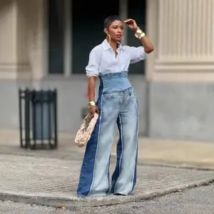 Women’s Wide-Leg Patchwork High-Waisted Loose Jeans, Washed Distressed Denim, Vintage Streetwear Style, Floor Length (2025)