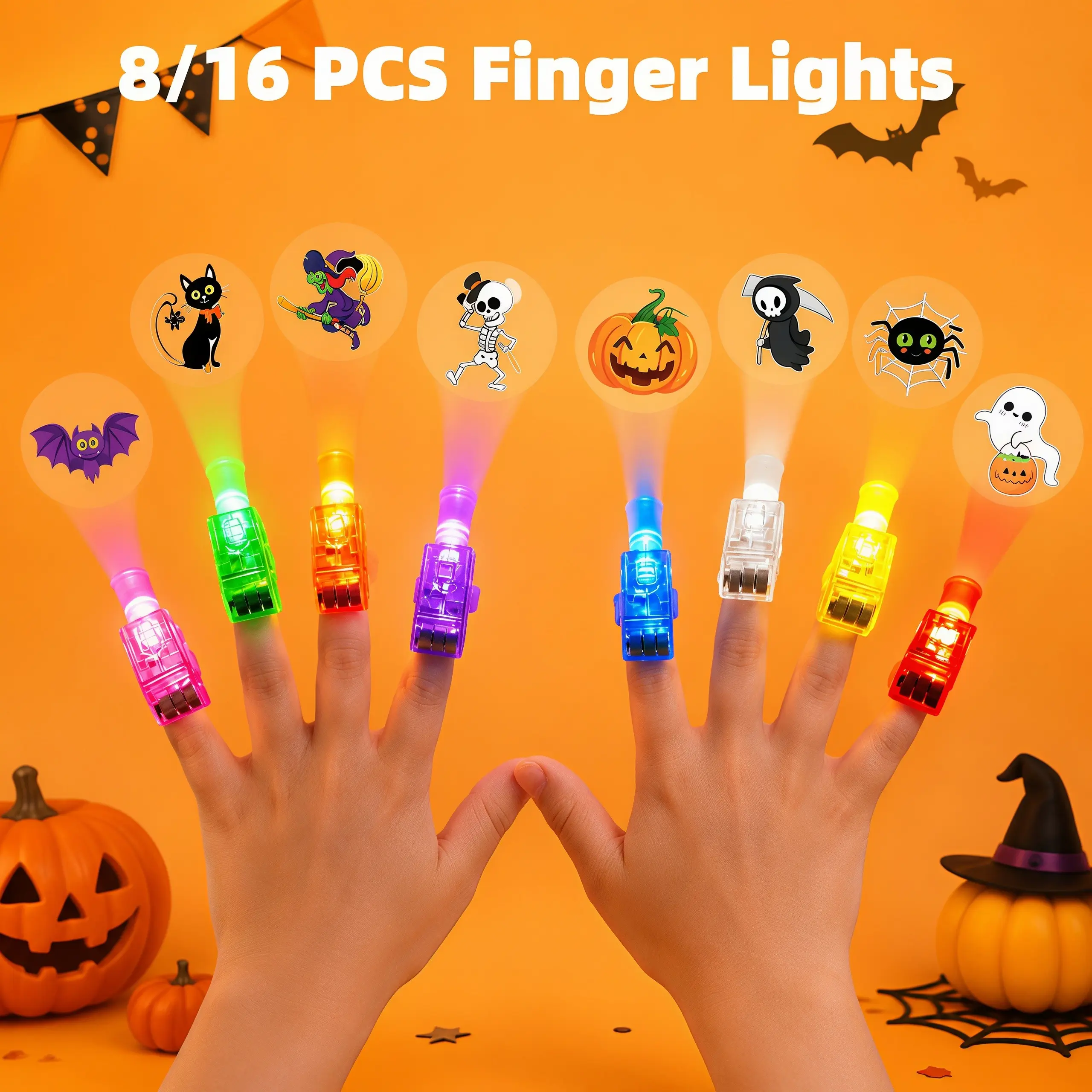 8/16 PCS Halloween LED Projection Finger Lights, Multi-Color Light Up Projector with Pumpkin, Ghost, Witch & Bat Cartoon Patterns, Trick Or Treat Bag Fillers, Kids Toy for Night Party & Decorations