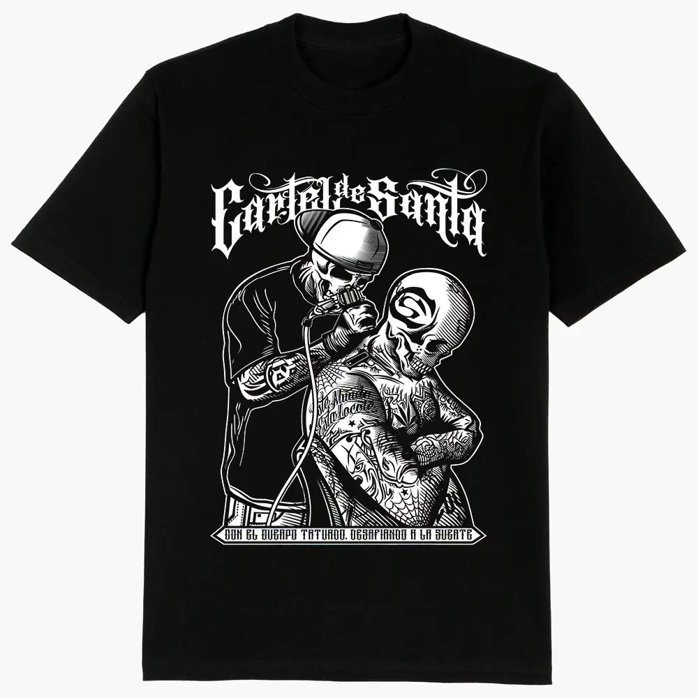 Unisex Cotton Short-Sleeve Cartel De Santa Graphic T-Shirt - Menswear Chicano Mexican Streetwear Sports Top, Matching Style Option