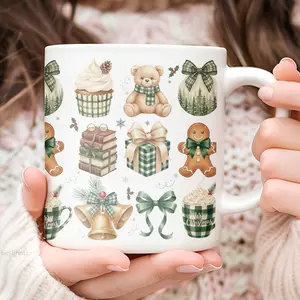 Vintage Christmas Icons Mug with Teddy Bear Gingerbread Bells & Gifts Pattern Holiday Cup for Festive Mornings & Cozy Vibes