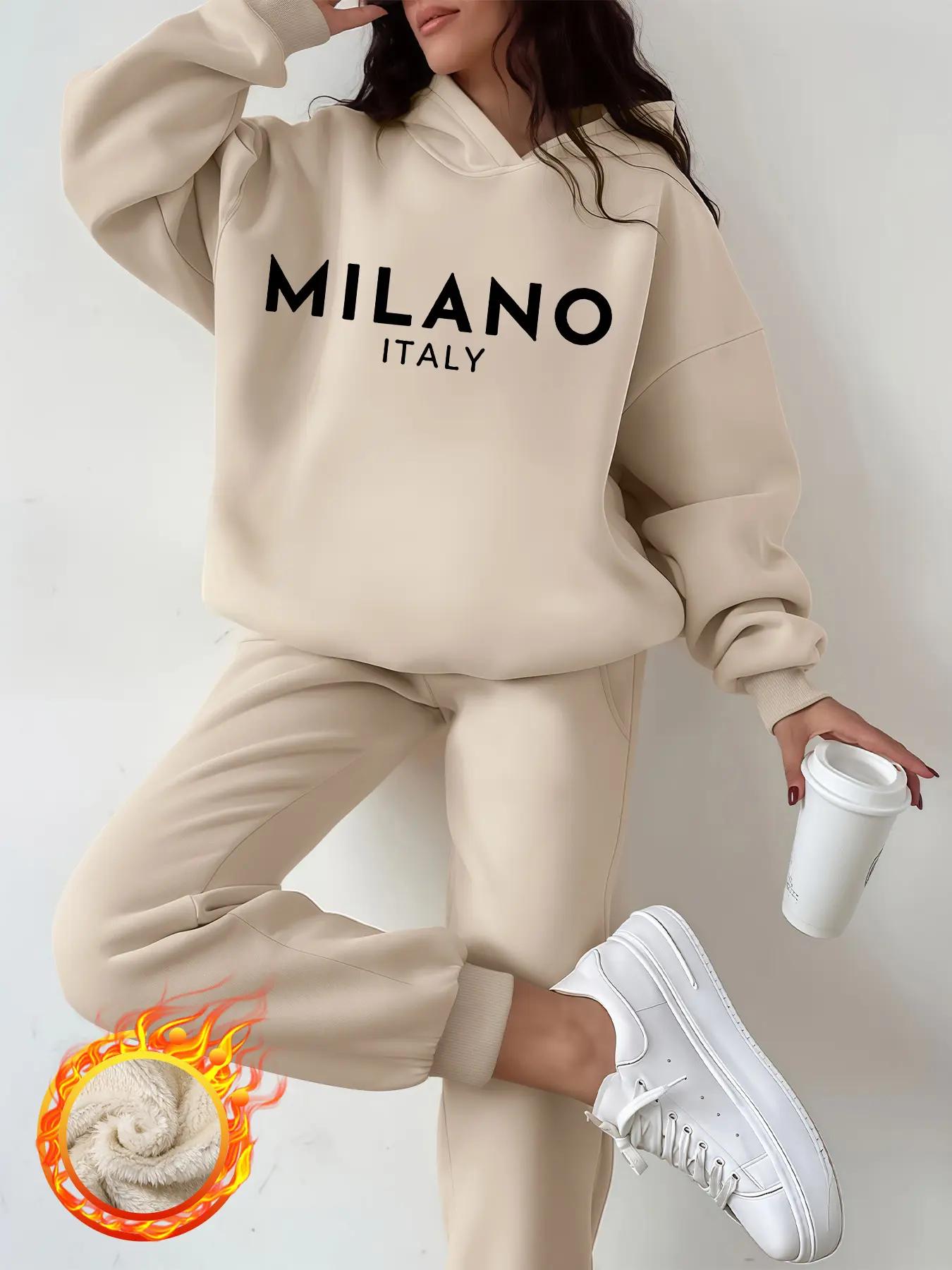 Women's Hooded Sweatshirt Set, Knit Loungewear Set, Milano Italy Letter Print, Thick Fleece Lined Fabric Long Sleeve Top & Pants, Casual Loose Fall Winter Outfit Clothes