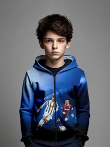 Boys' Hooded Zipper Sweatshirt, C Ronaldo & Messi Design, Cute Cartoon Style, Fitted Polyester Fabric, Fall Winter Fashion, Graphic Team Hoodie