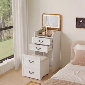 3 in 1 Miu Vanity with Mirror, 3-Color Adjustable Lighting, Cushioned Stool for Bedroom Organization & Beauty Routines,Compact 3-in-1 Makeup Vanity Desk