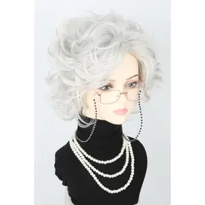 Old Lady Costume Wig and Accessories Set Silvery White Short Curly Granny Wig