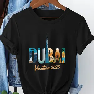 DUBAI Vacation 2026 Letter Print T-shirt, Short Sleeve Crew Neck Casual Top for Summer & Spring, Women's Clothing Black CLL T-shirts-6643