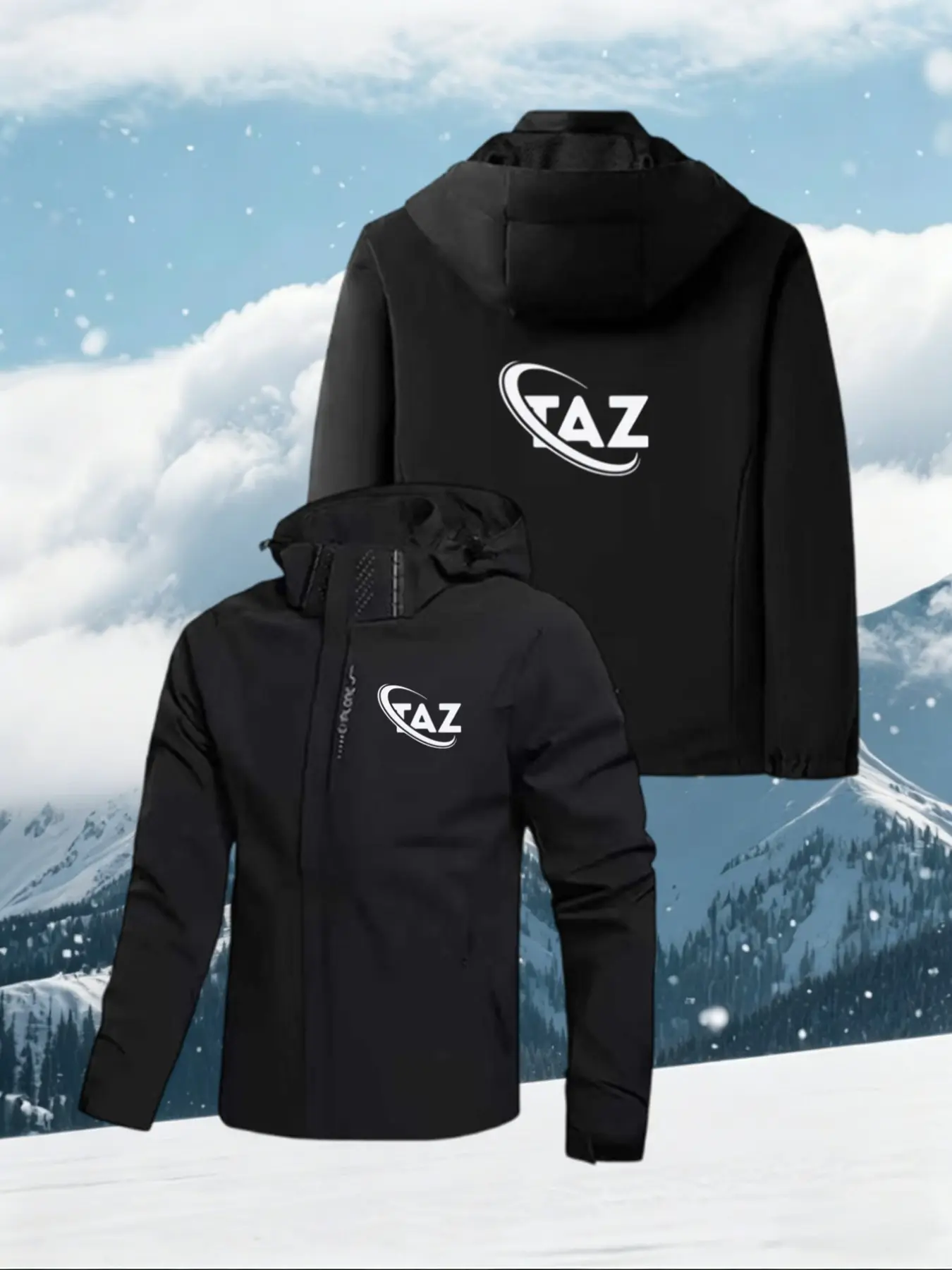 Taz Letter Print Hooded Jacket, Unisex Fall Winter Waterproof Windproof Outdoor Casual Workwear, Fashion Loose-Fit Geometric Pattern