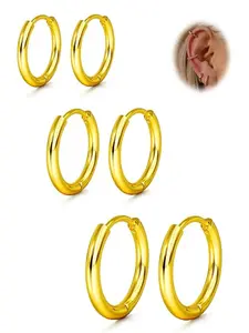 3 Pairs Golden Silvery Classic Round Fashionable Huggie Hoop Earrings Set for Women Men Hypoallergenic Stainless Steel Small Hoop Earrings for Sensitive Ears Lightweight Dainty Endless Cartilage Jewelry Set