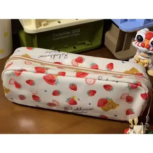 Japanese Kawaii Rilakkuma Cute Strawberry Series Pencil Case Cartoon Student Learn Stationery Storage Pencil Case Christmas Gift