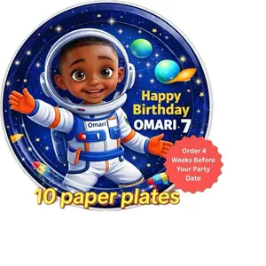Custom Photo Birthday Plates | Your Child's Face as a Cartoon Astronaut | Personalized Space Birthday Boy Party Supplies | Galaxy Heroes Avatar | 10 Paper Plates