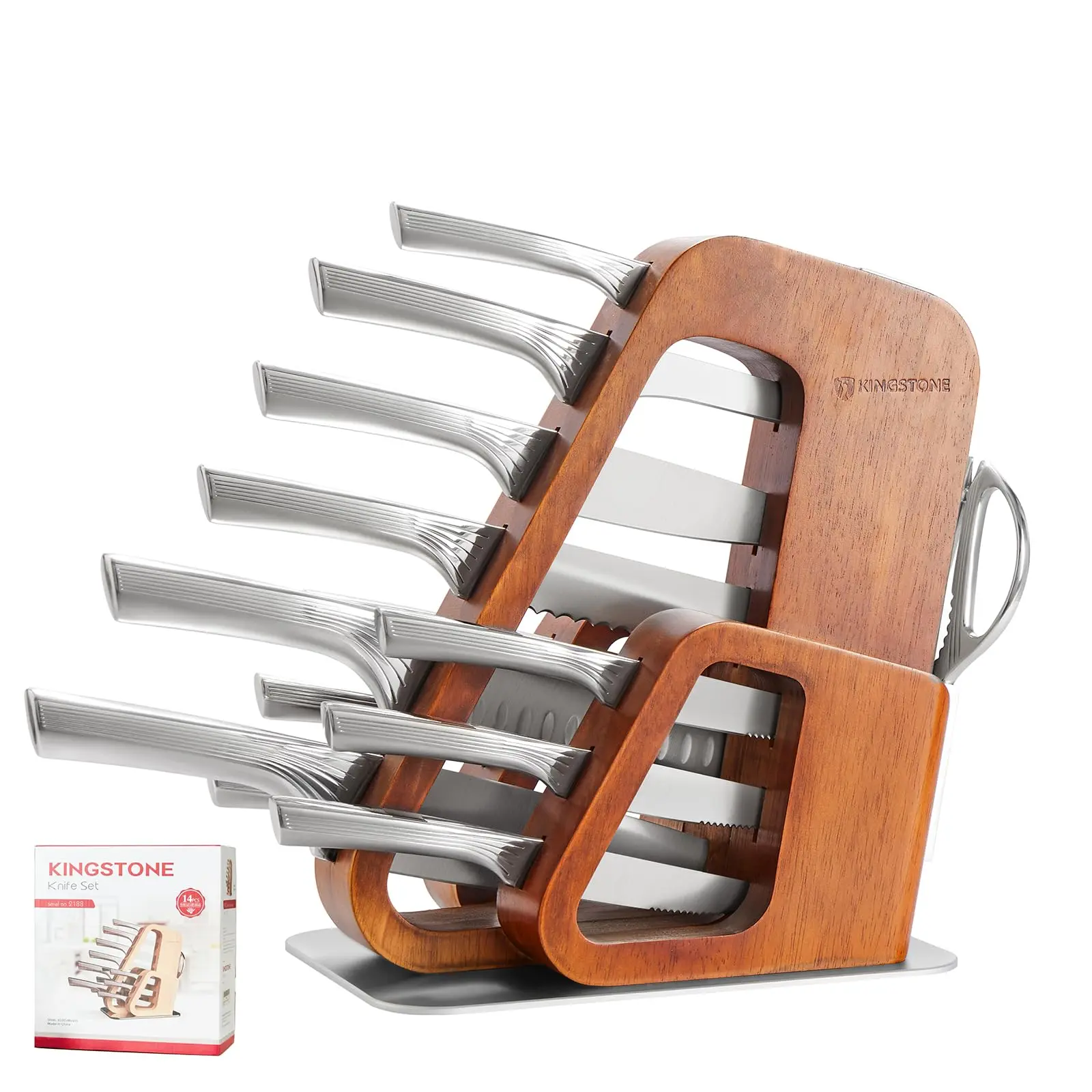 KINGSTONE Stylish & Practical 14-Piece German Stainless Steel Knives Kitchen Set with Storage Block, Built-in Sharpener, Dishwasher-Safe Kitchenware for Household Cooking, Model 2188