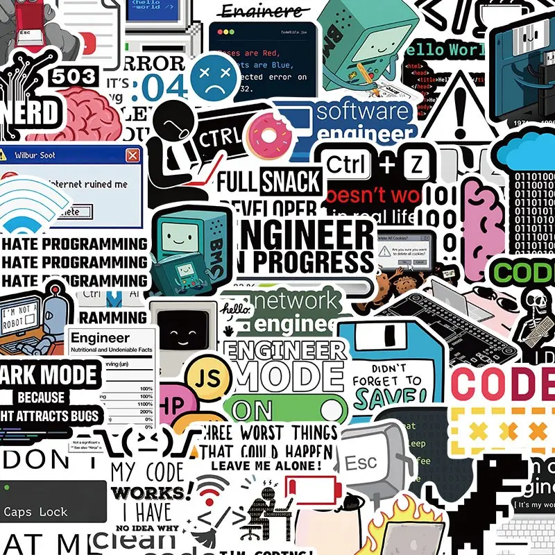 50 Pcs Programmers Hacker Network Meme Funny Graffiti Stickers, Decorative Notebook Luggage DIY Waterproof Decals, Flat Sticker Type