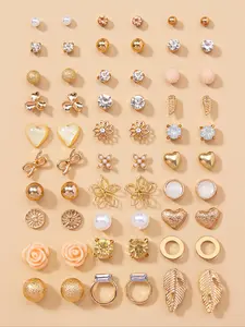 Women's 30 Pairs Faux Pearls Rhinestones Heart Flowers Decor Earrings Set
