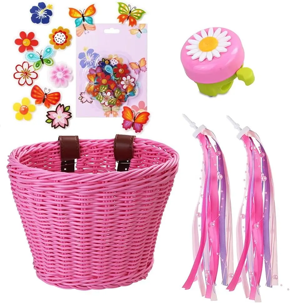MINI-FACTORY Bike Basket Bell Tassel Streamer Set for Girls, Bicycle 4Pcs/Set Decoration Accessories (Basket + Bell + Streamer + Wheel Spoke)