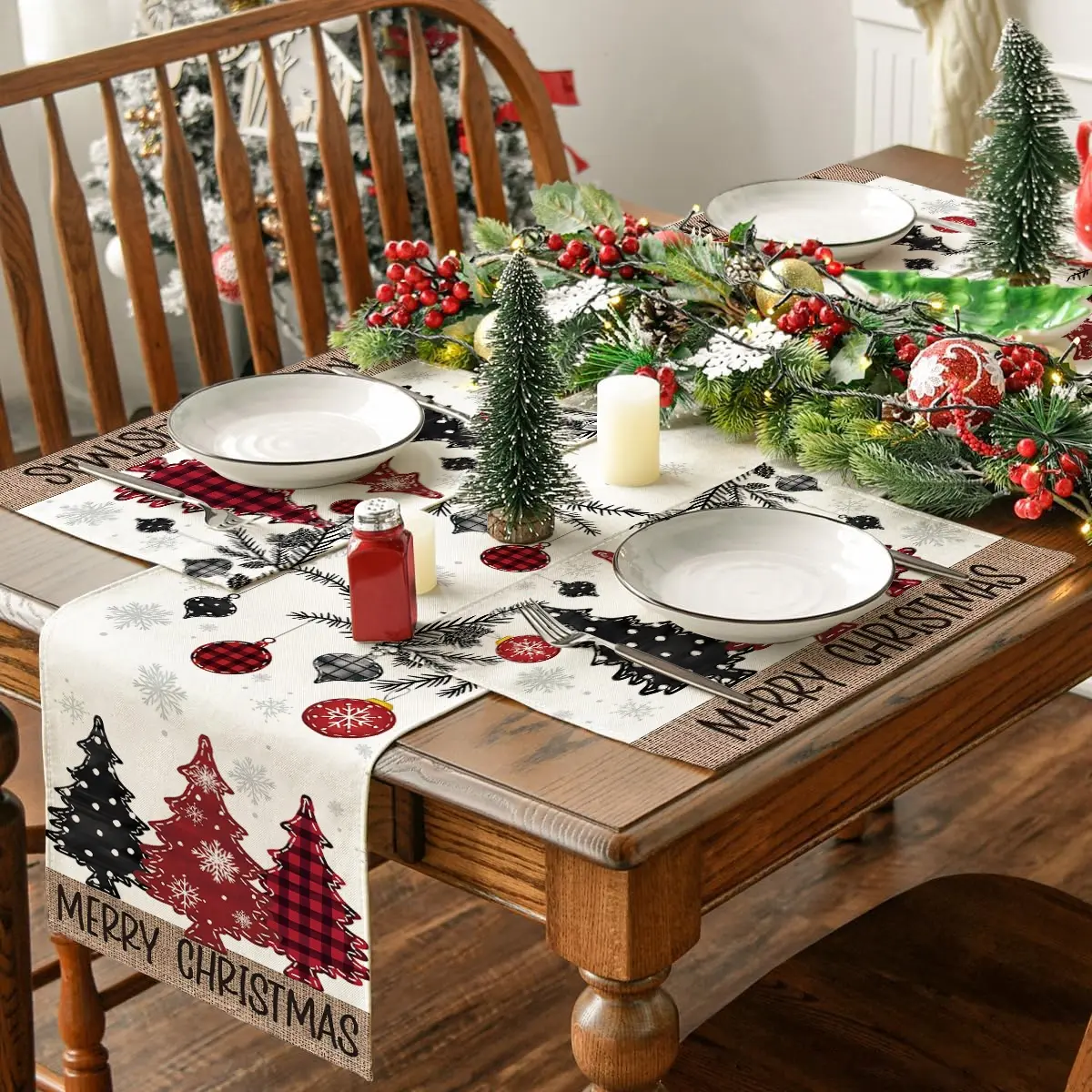 4/5/7pcs Christmas table flag placemat set, Kitchen Decorative Placemat, Christmas tree, Christmas bell, snowflake print Christmas party decoration table mat, anti slip and heat-insulating tableware mat