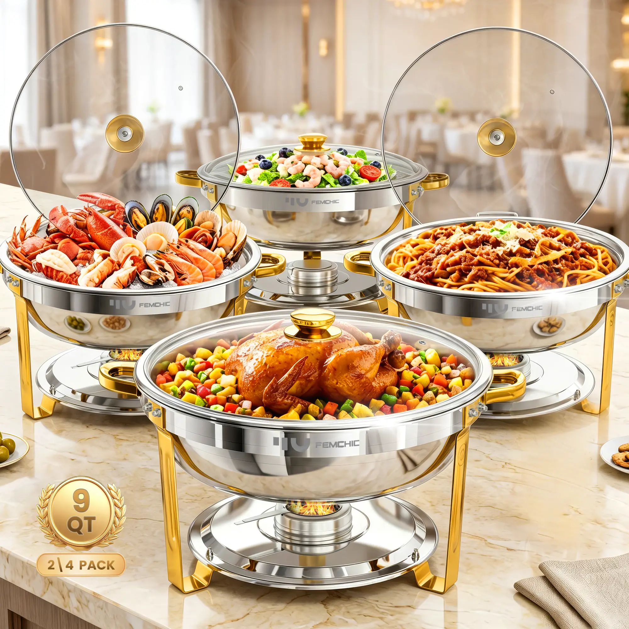 Femchic 9QT Chafing Dish Buffet Set – Stainless Steel Round Chafer Set with Glass Lid, Stackable & Smooth Rim, Dishwasher Safe, Available in Gold or Silver, for Commercial Catering, Parties, Weddings & Holiday Gatherings (2/4 Pack)