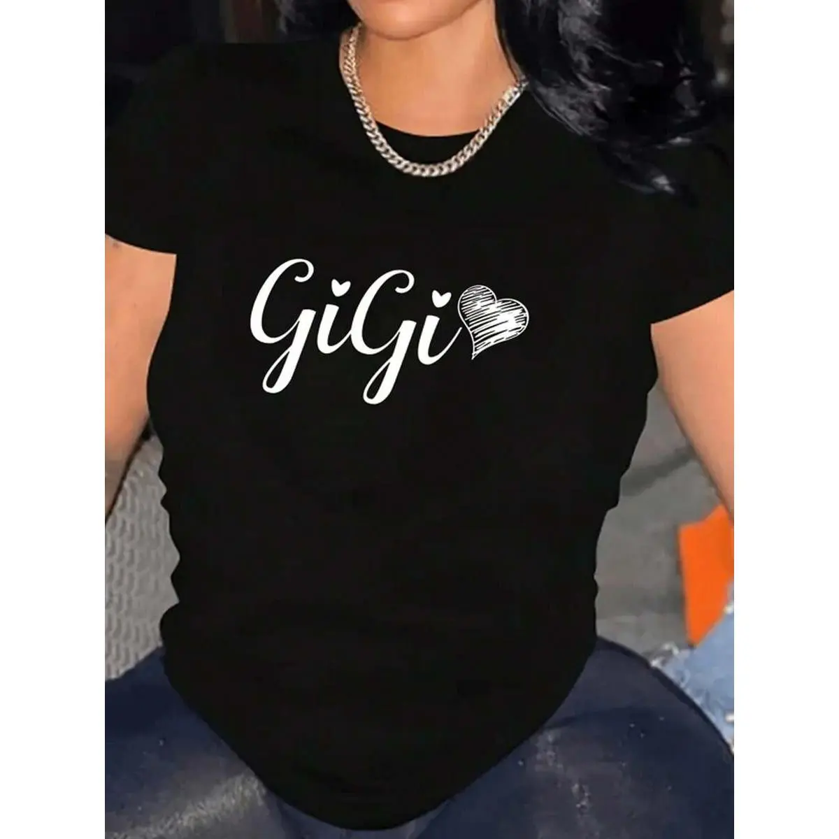 1pc Women' S Gigi Heart Print Black TShirt, Crew Neck, Casual Cotton Tee Medium Stretch Knit Fabric, Regular Fit For Female Ladies For Spring/ Summer/ Fall Valentine' S Day, Memorial Day, 4th Of July, Labor Day