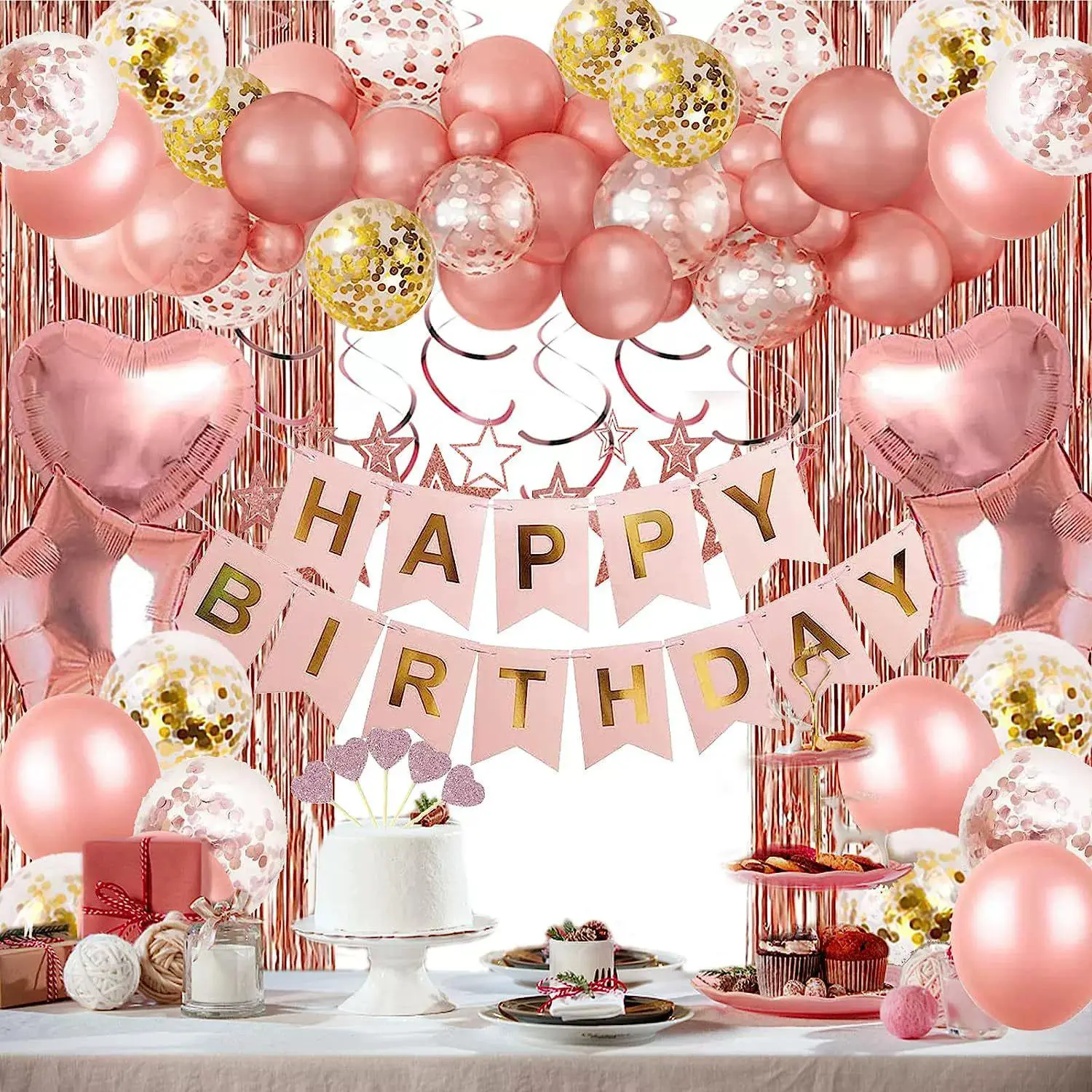 Birthday Party Decoration Set, Balloon Garland Arch Kit, Including Balloon, Tassel Curtain, Happy Birthday Banner, Cake Topper, Birthday Party Supplies