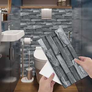 6/12/24/48PCS/Box FG-L European Retro Dark Grey 3D Stacked Stone Peel and Stick Tile, PVC Crystal Film Waterproof Oil-Proof Removable Wall Sticker for Kitchen Bathroom Floor