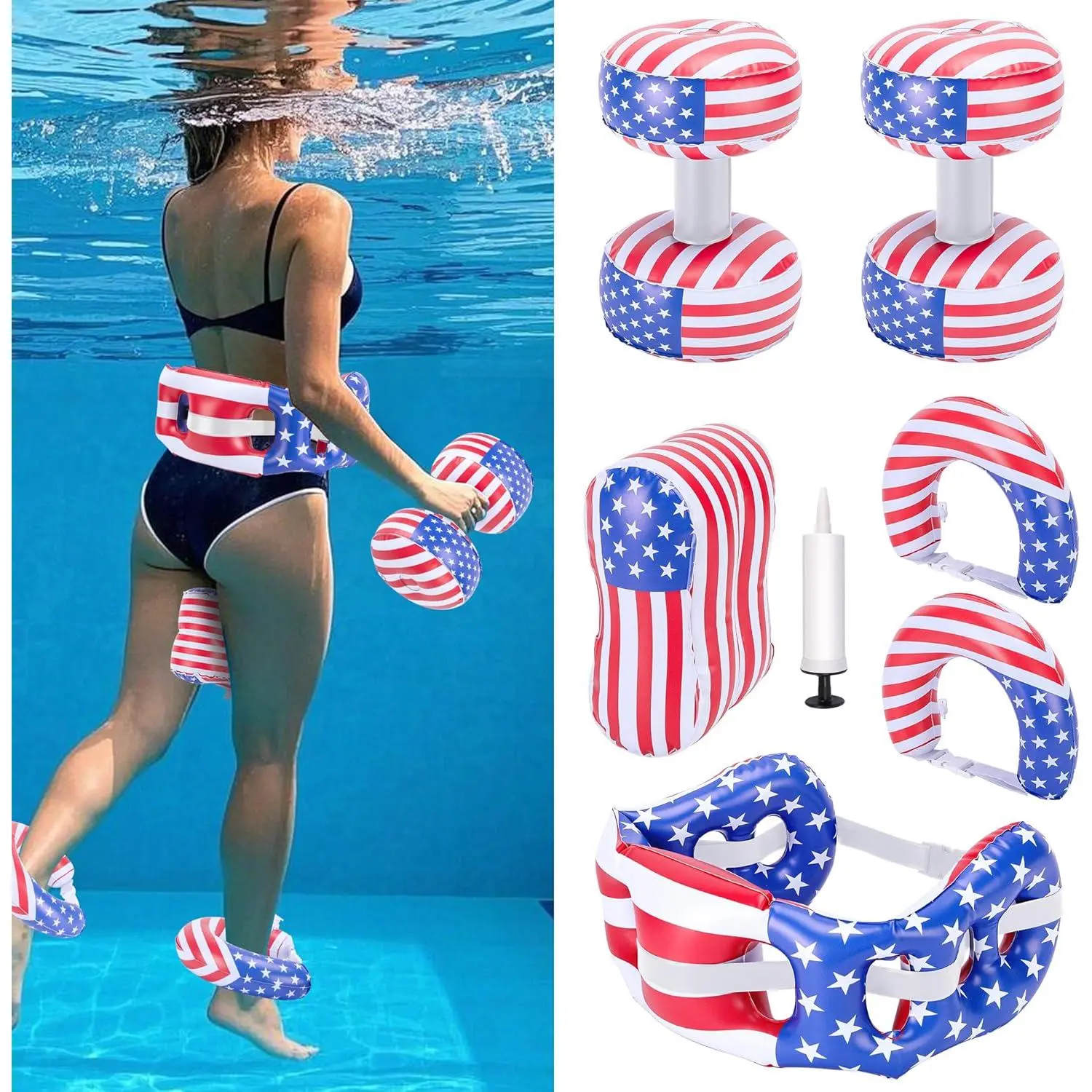 7 Pcs PVC Water Workout Equipment, Aquatic Exercise Dumbbells and Cuffs Set, Inflatable Swimming Float Belt with Pull Buoy  Water Aerobics Pool ness Sports