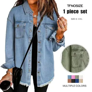 TFNOSIZE Women's Oversized Distressed Denim Jacket: Ripped, Fringed, Casual Long-Sleeve Jacket with Pockets – Soft, Fashionable Fabric – A Great Choice for Back-to-School Outfits.